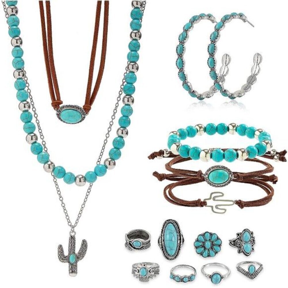 16 Pcs Western Jewelry for Women Bohemian Set, Boho Pendant Faux Turquoise